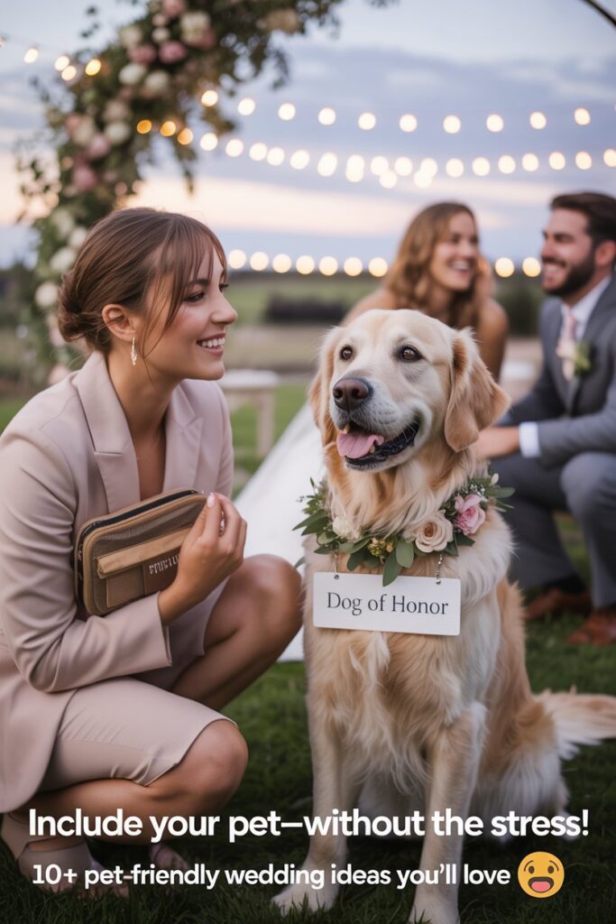 Pet chaperone assisting golden retriever in floral collar at romantic countryside wedding