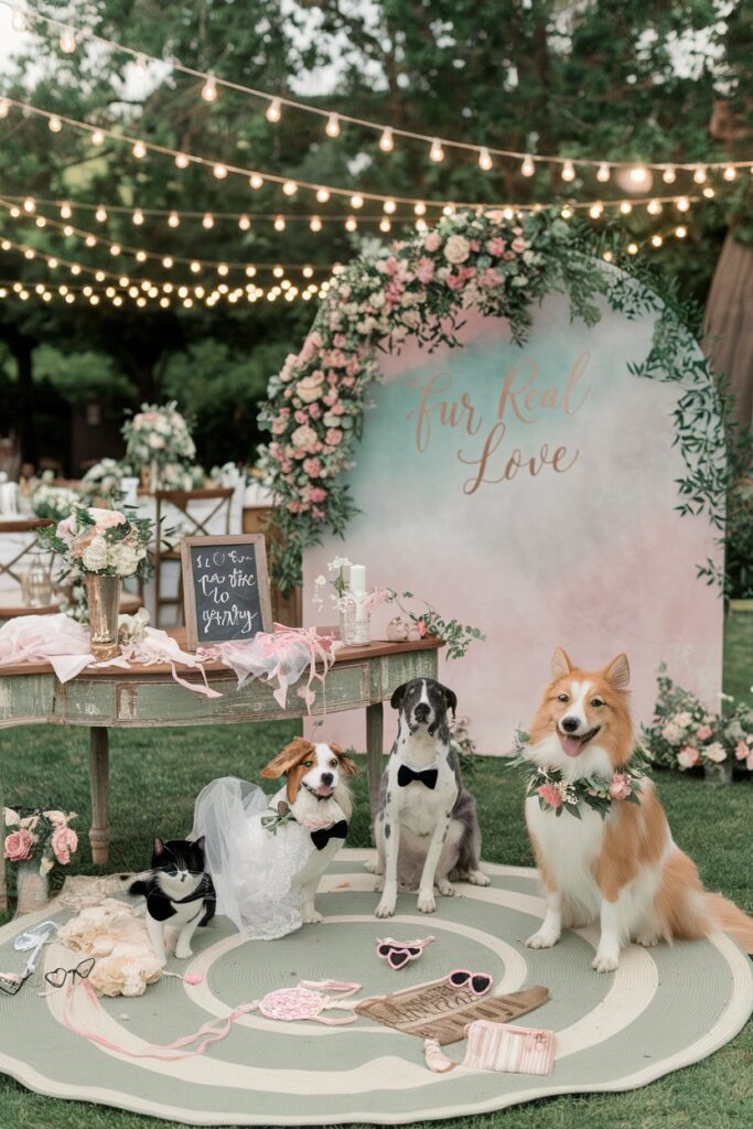 Pet photo booth at wedding with floral backdrop and cute dog props for a pet-friendly celebration