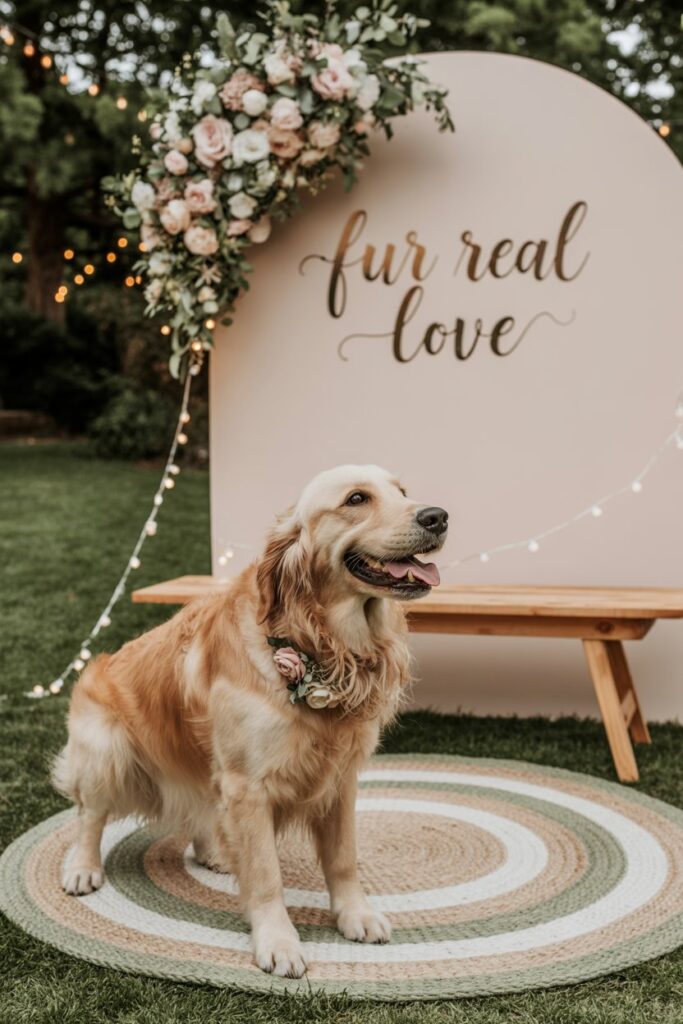 Pet wedding booth with rustic decor and paw-some photo props for your furry guests