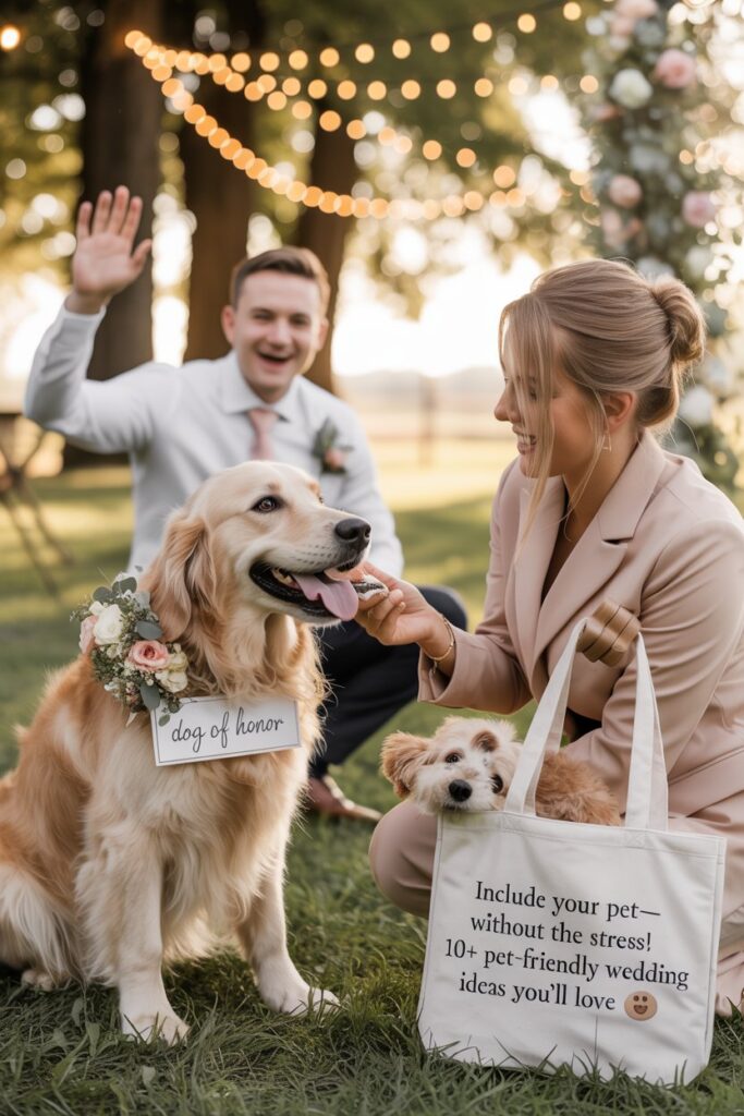 Professional pet sitter at outdoor wedding handling dog of honor during ceremony