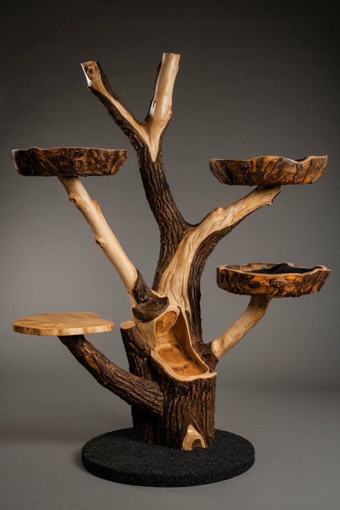 Cat tree crafted from real branches with mossy textures and leafy accents, designed as a natural statement piece for eco-conscious, pet-friendly homes.