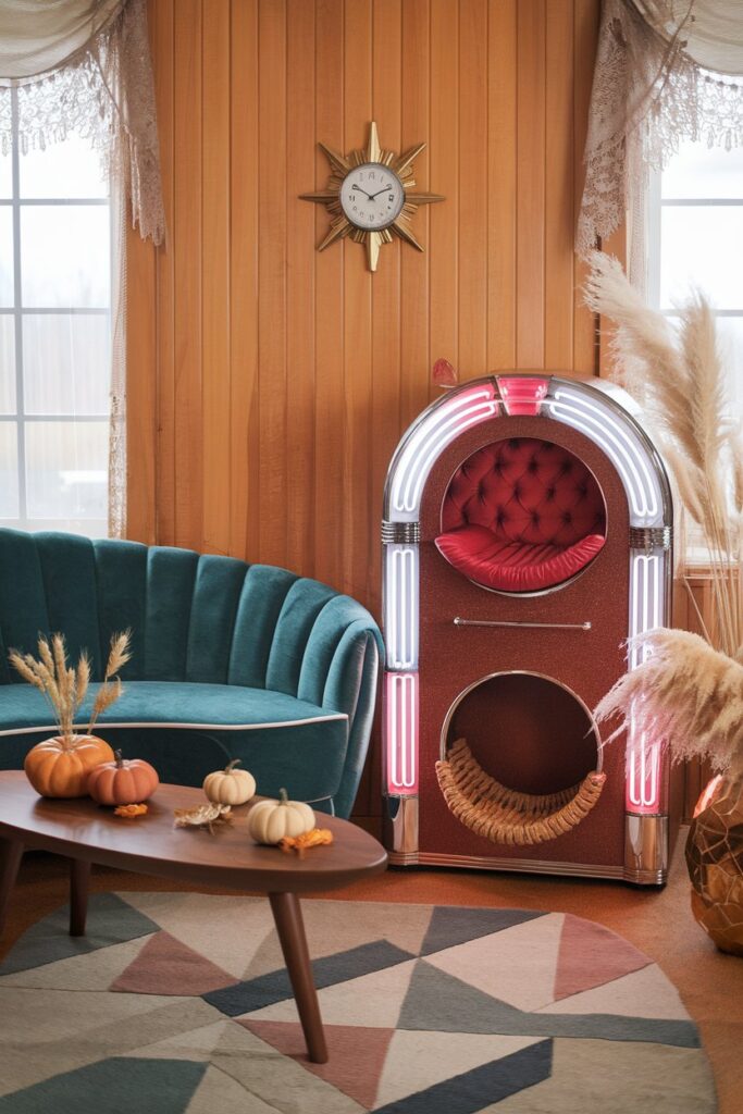 Retro jukebox cat tree empty of animals, highlighted by burnished brass accents and rug.