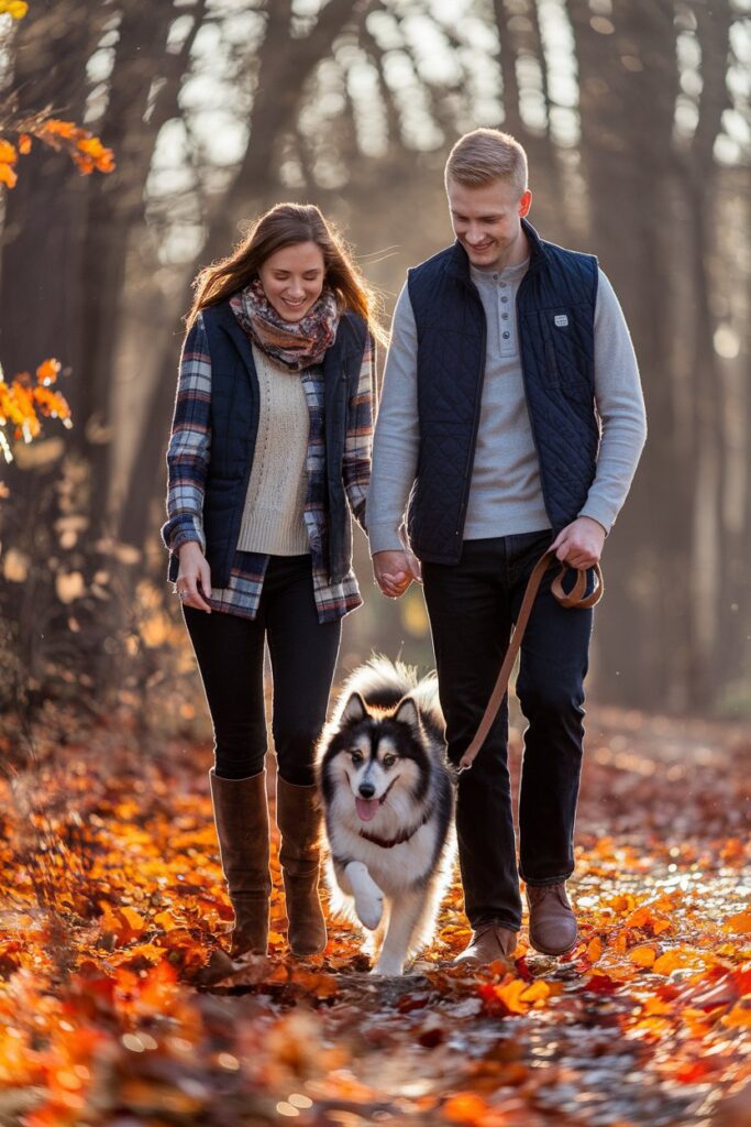 Romantic fall engagement shoot a couple in layered knits and vests walks hand-in-hand down a forest path blanketed in orange leaves, their Siberian husky bounding joyfully beside them
