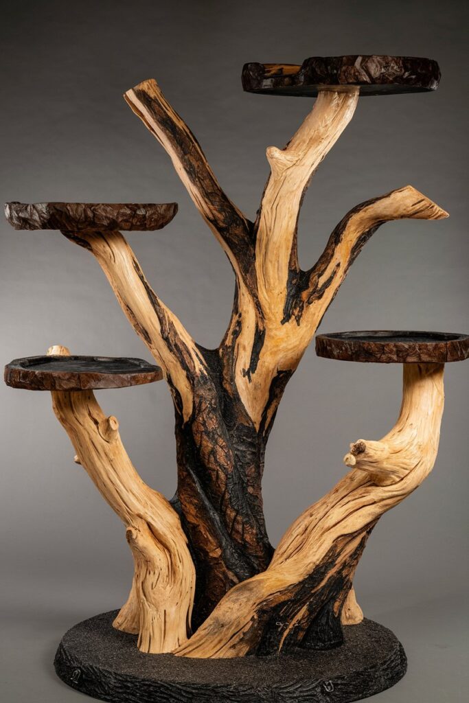 Rustic cat tree with real wood textures and leafy details, ideal for pet lovers seeking a nature-inspired indoor oasis.
