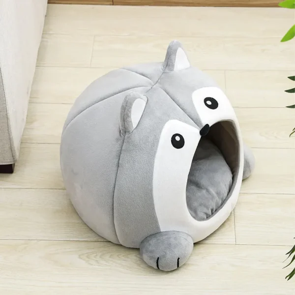 Cute animal-themed cat bed with cozy interior and removable cushion
