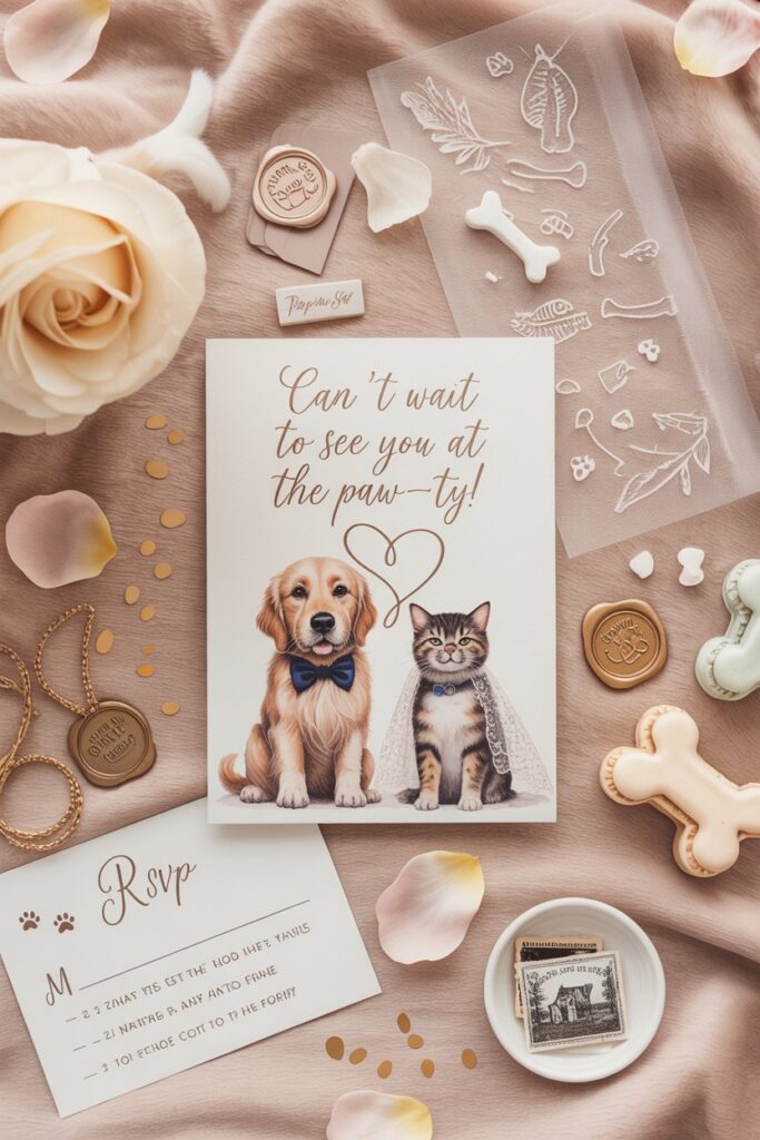 Save-the-date cards with custom pet artwork for weddings.