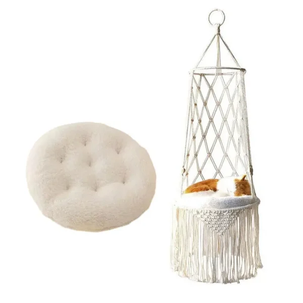 Full view of hanging macrame pet hammock with decorative tassels and boho-inspired design