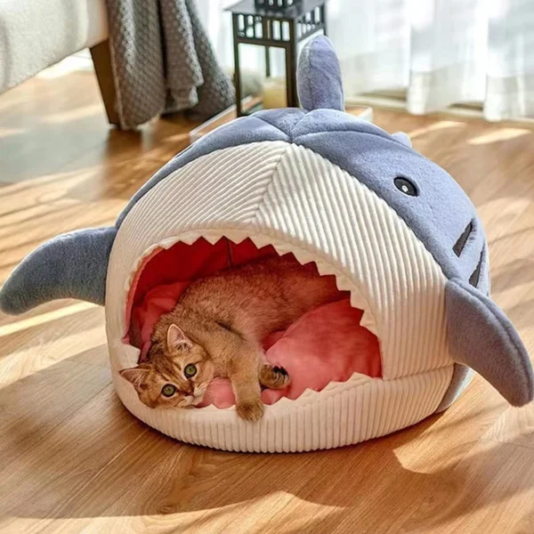 Premium Cartoon Shark Pet Cave Bed - Cozy Nest for Kittens and Puppies - Image 3