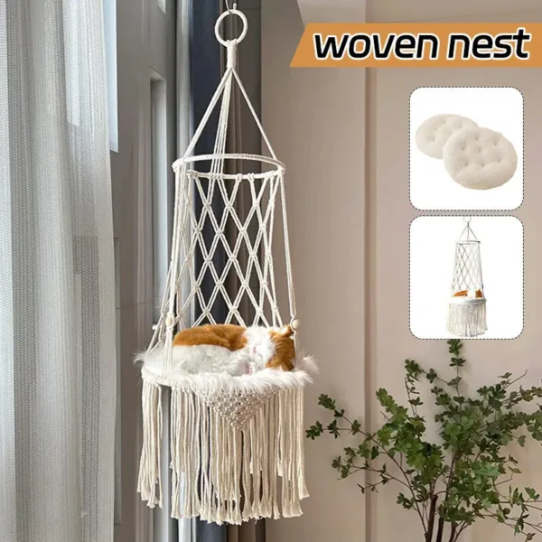 Boho-style macrame pet hammock with tassels hanging in a modern living room