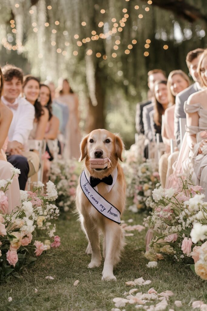 Well-behaved golden retriever holding wedding rings in its mouth at a flower-lined aisle for a pet-friendly wedding.