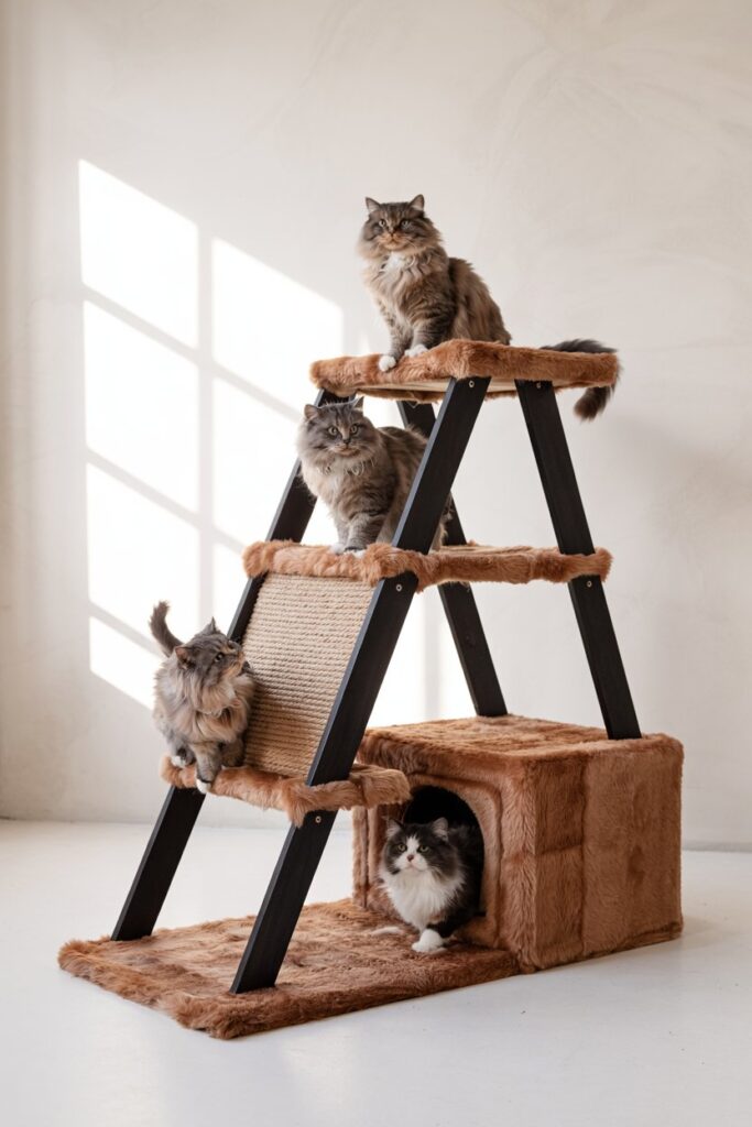 Space-saving modern cat tree A-frame tower with built-in litter box compartment and sisal scratching ramp