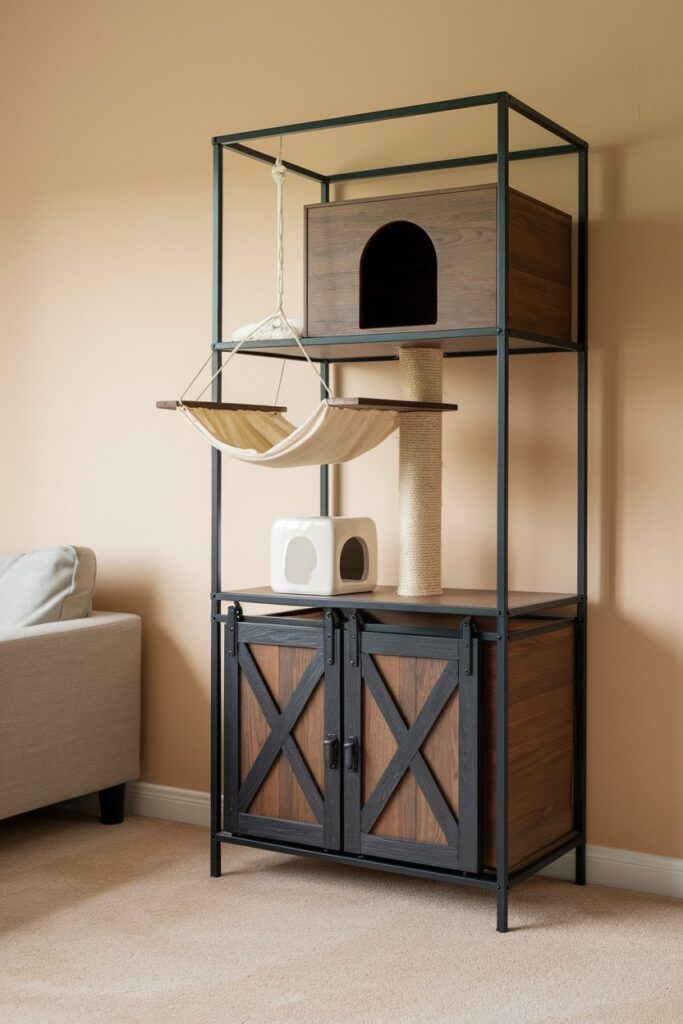 Space‑saving tall cat tree for large cats, walnut finish and metal frame, hammock and scratching post included, ragdoll cat model.