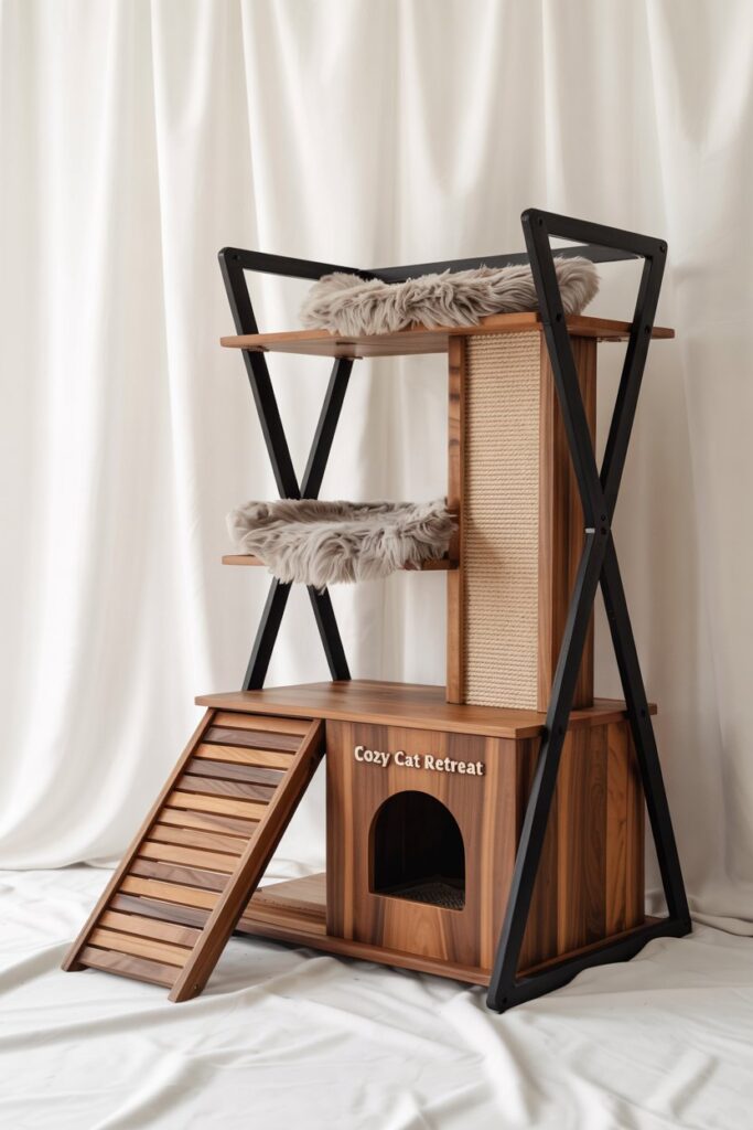 Stylish cat condo tower in wood & steel with dangling pom-pom toys and hidden litter box housing