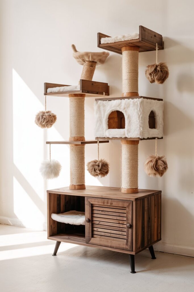 Stylish multi-tier cat tower featuring sisal posts, enclosed cubby, and plush hammock—ideal for active kittens