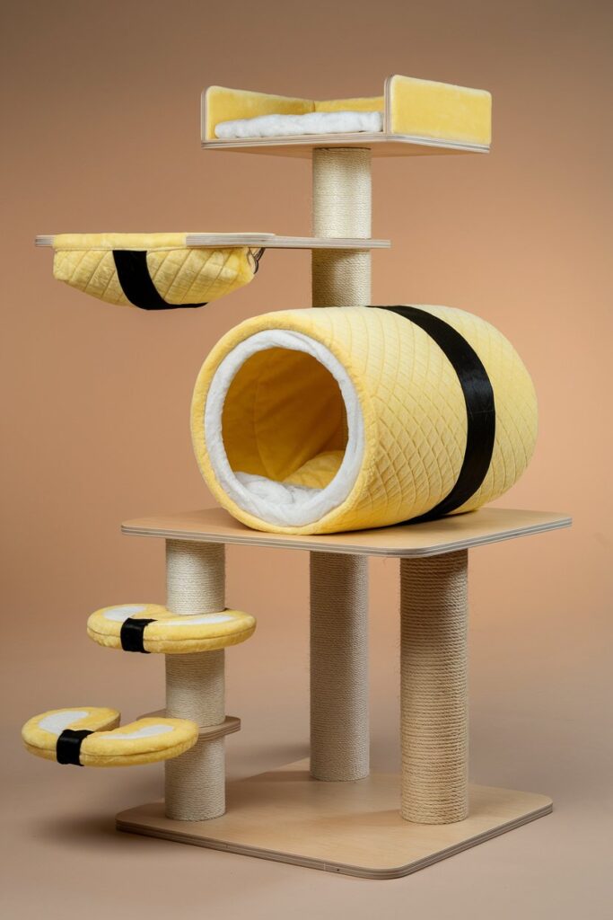 Tamago-inspired cat tree with scratching post and hammock – unique furniture for cats and sushi fans.