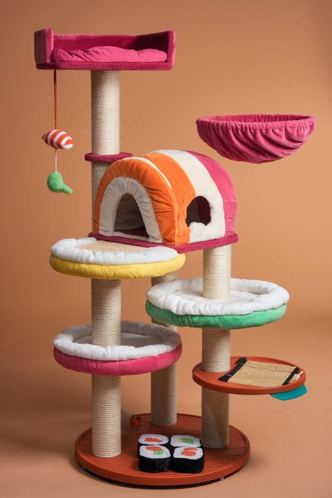 Tiered rainbow roll cat condo with plush lounging levels – eye-catching cat furniture design.