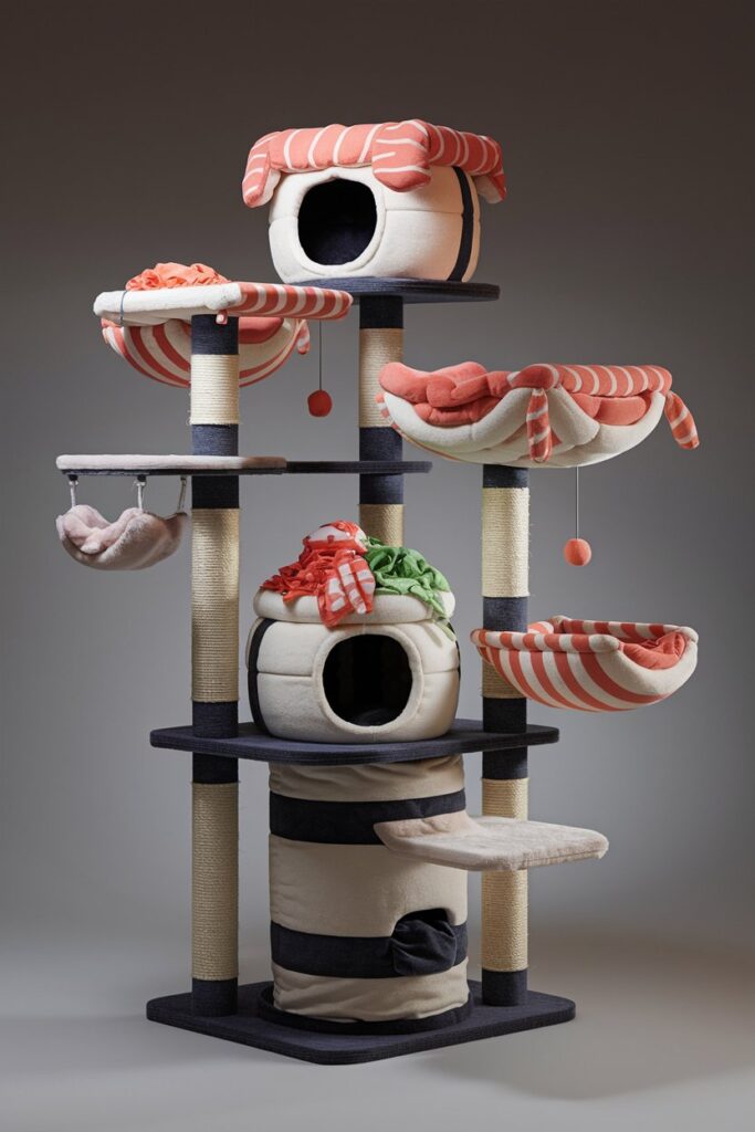 Unique sushi-themed cat furniture with plush roe toys and vertical nori-style pods—blends fun design with functional cat tower features.