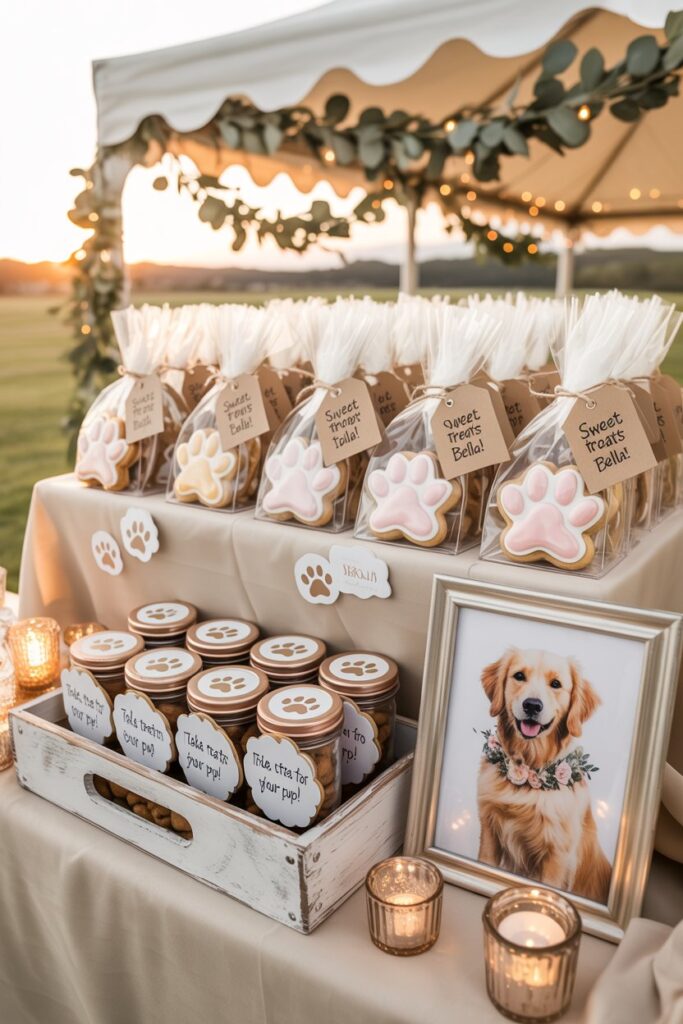 Wedding favor table with dog treats and personalized note from couple’s pet