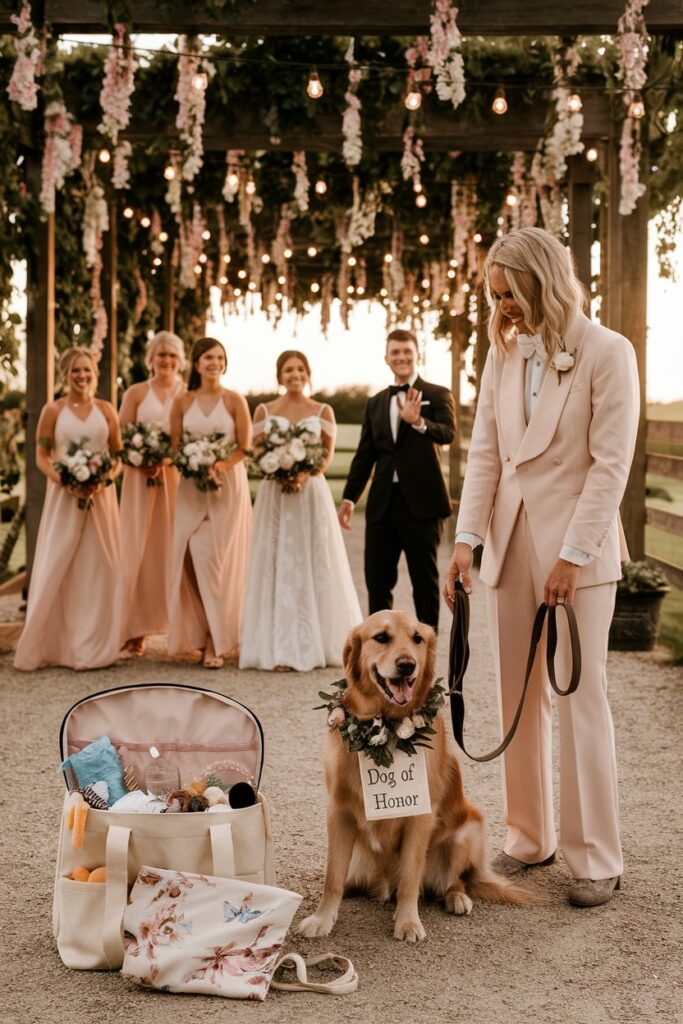 Wedding pet sitter managing ceremony-ready dog near floral arch and string lights