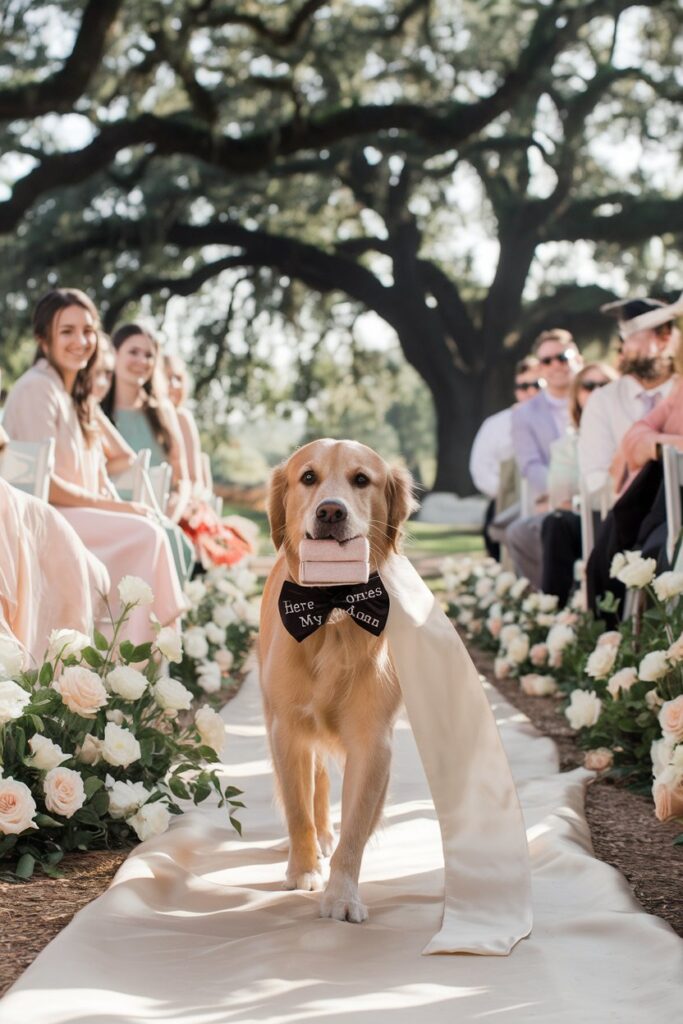 Smiling golden retriever ring bearer wearing a “Here Comes My Human” satin sash at a rustic outdoor ceremony.