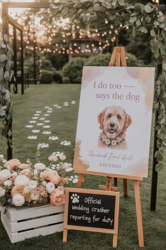 Whimsical dog-themed wedding sign with floral accents, paw prints, and funny quote — ideal inspiration for couples with pets.