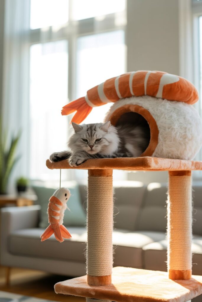 Whimsical shrimp cat condo with soft lounge area – great for cat moms and sushi lovers.