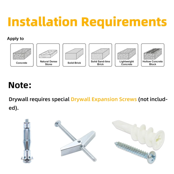 Diagram showing installation requirements and mounting hardware for white cat wall hammockDiagram showing installation requirements and mounting hardware for white cat wall hammock