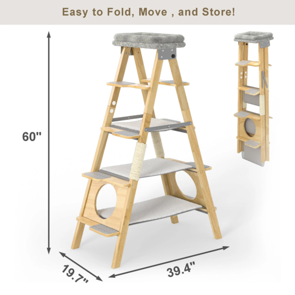 Modern Solid Wood Cat Tree Foldable Ladder Design with Cat Hammock & Sisal Scratch Post Easy Clean 60"H - Image 7