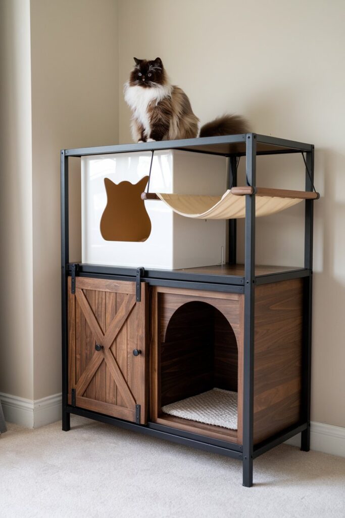 cat perched on modern wood‑and‑metal cat tower with hammock, scratching post, and barn‑door cabinet in stylish living room.