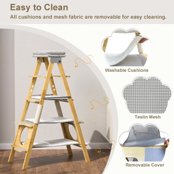 Modern Solid Wood Cat Tree Foldable Ladder Design with Cat Hammock & Sisal Scratch Post Easy Clean 60"H - Image 5