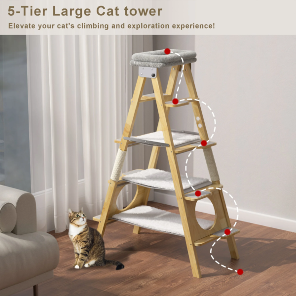 Modern Solid Wood Cat Tree Foldable Ladder Design with Cat Hammock & Sisal Scratch Post Easy Clean 60"H - Image 6