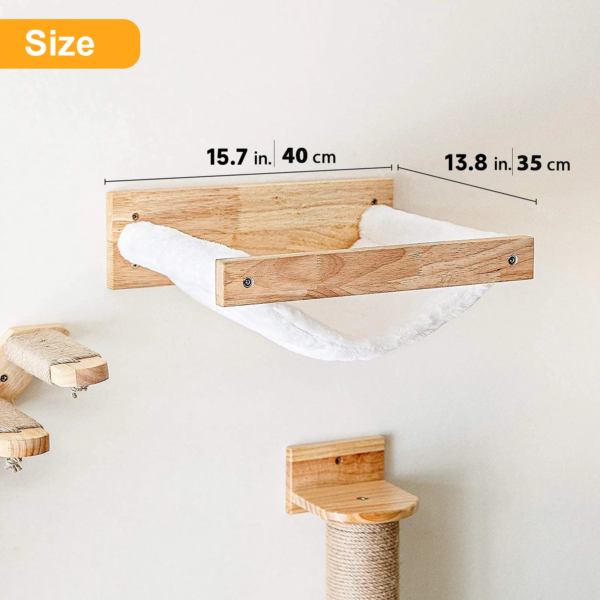 Detail view of sturdy wood base and bracket of wall-mounted cat hammock