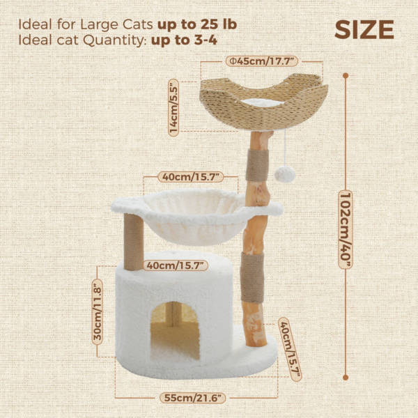 Modern wood cat tree tower with wicker basket and hammock for large indoor cats