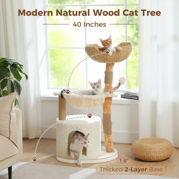 Natural wood cat tower with cozy hideaways and scratching posts for multi-cat households