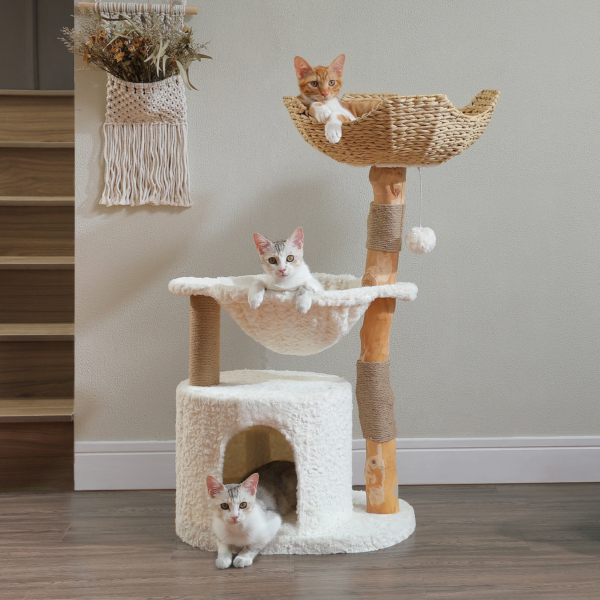 Elegant indoor cat tower with hammock and rattan details for modern home décor
