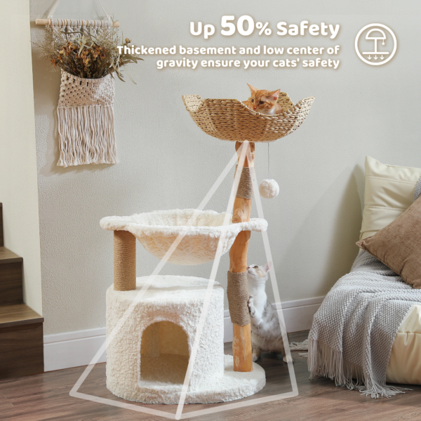 Boho cat tree with solid wood frame, woven basket, and spacious condo for large cats