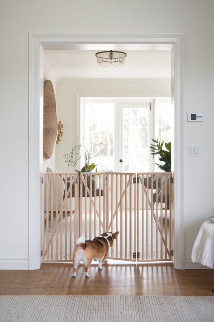Accordion dog barrier with ceiling-to-floor mount—minimalist Pet-Friendly Furniture solution