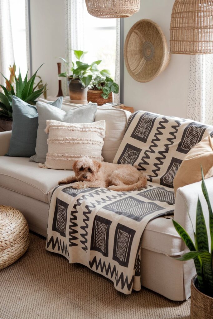 African mudcloth throw on neutral couch with a calm dog, highlighting durable, easy-to-clean home decor for pet-friendly interiors.