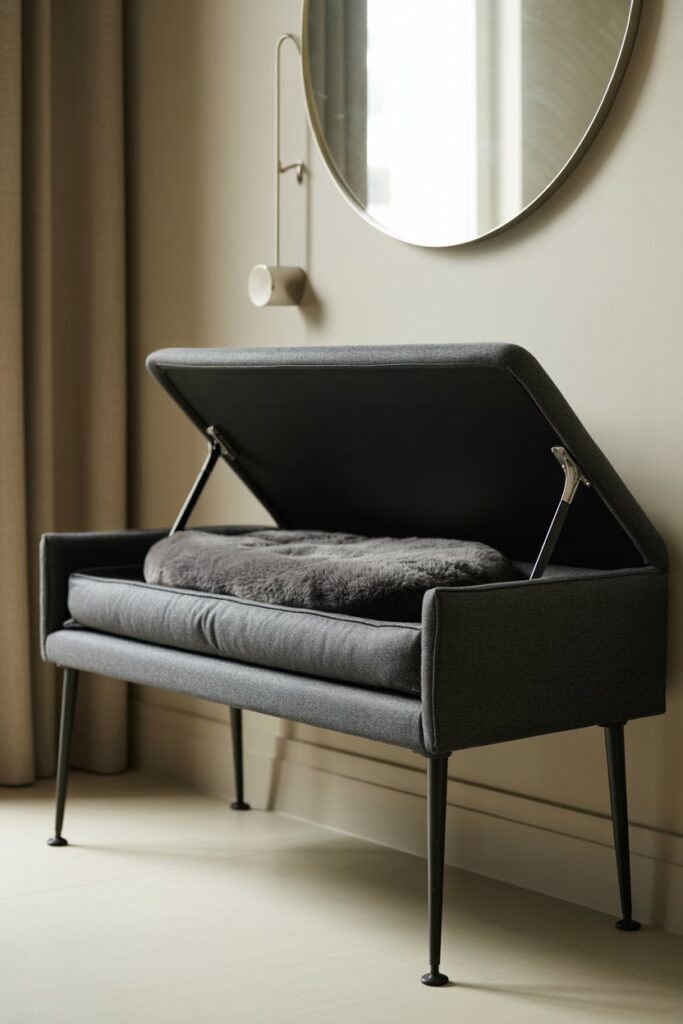 Barkitecture Idea narrow hallway bench hides a soft-close concealed pet bed for small spaces