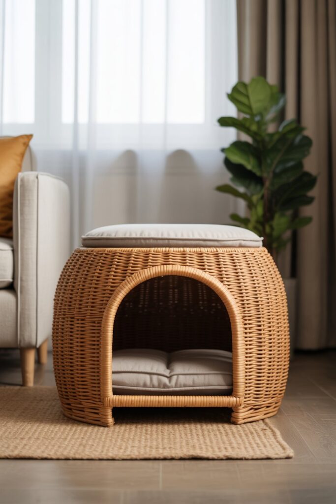 Barkitecture Idea woven rattan crate ottoman over steel frame with removable pet bed cushion