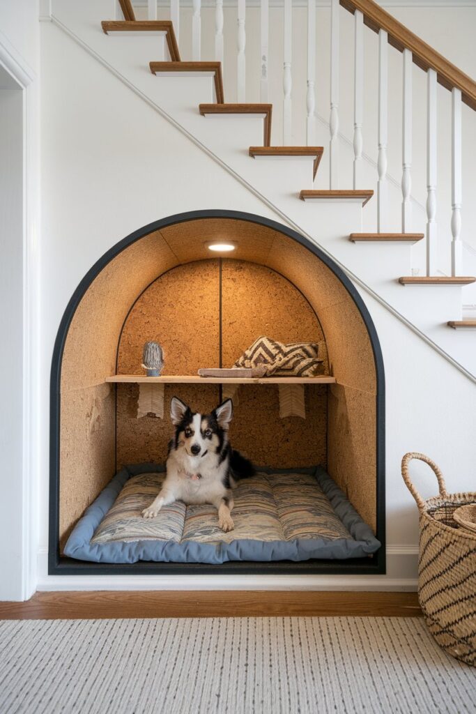 Barkitecture idea ventilated under-stair dog nook featuring charcoal-filter vents, cork paneling, and easy-clean cushions.