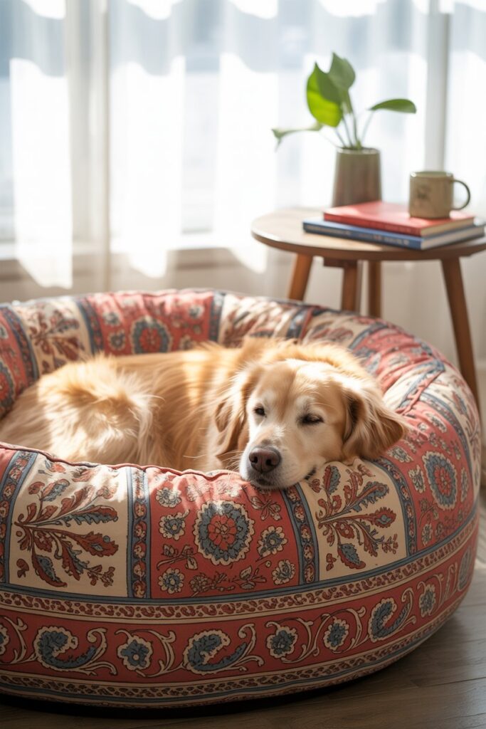 Beautifully patterned Indian block print pet bed in a cozy corner, matching ethnic throw pillows for a coordinated look.