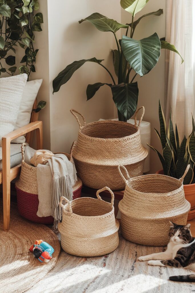 Boho-chic handwoven baskets in natural fibers, providing functional and beautiful storage for pet accessories.