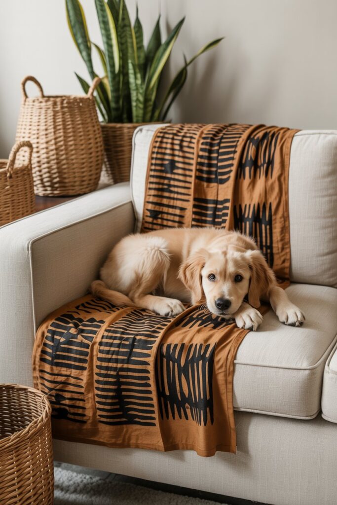 Boho living room with beige couch draped in black and white mudcloth fabric, cozy cat lying on throw, perfect for pet owners.