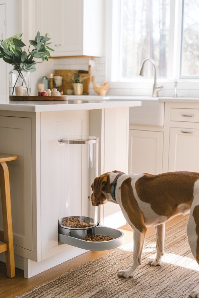 Built-in gravity-fed treat dispenser in an island end panel with a clear acrylic cylinder and twist-gate knob—a clever Barkitecture Idea for Pet organization.