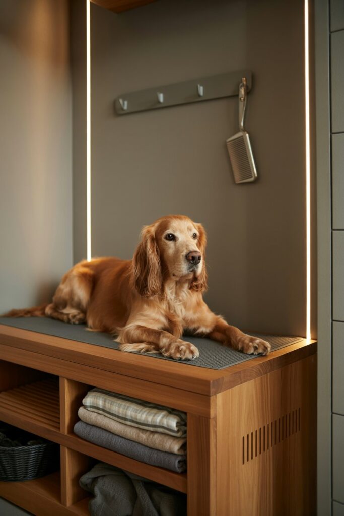 Built-in teak bench at paw height with hidden toe-kick vents blowing warm air for fast drying.