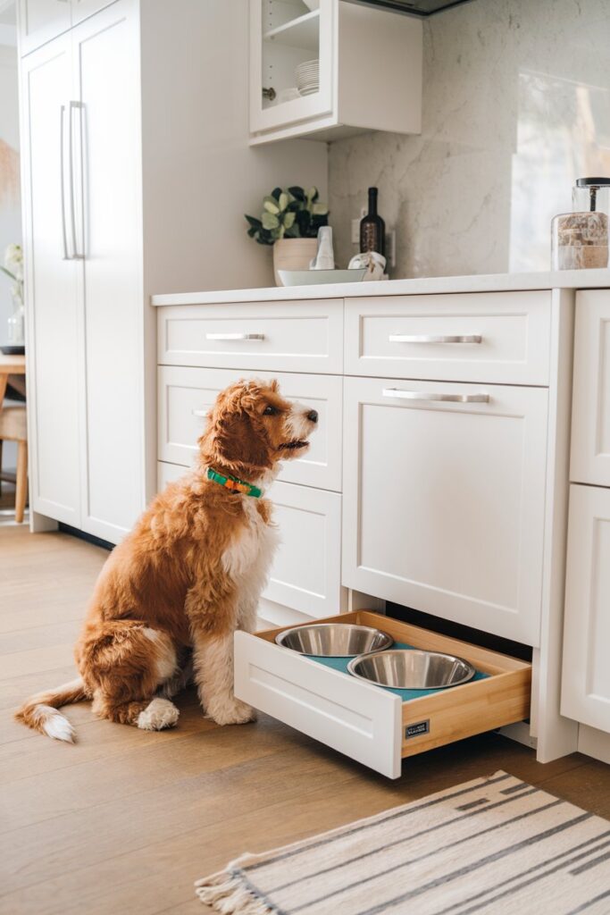 Built-in toe-kick drawer feeder with stainless-steel bowls and quartz splashback—smart Barkitecture Idea for ergonomic pet feeding.