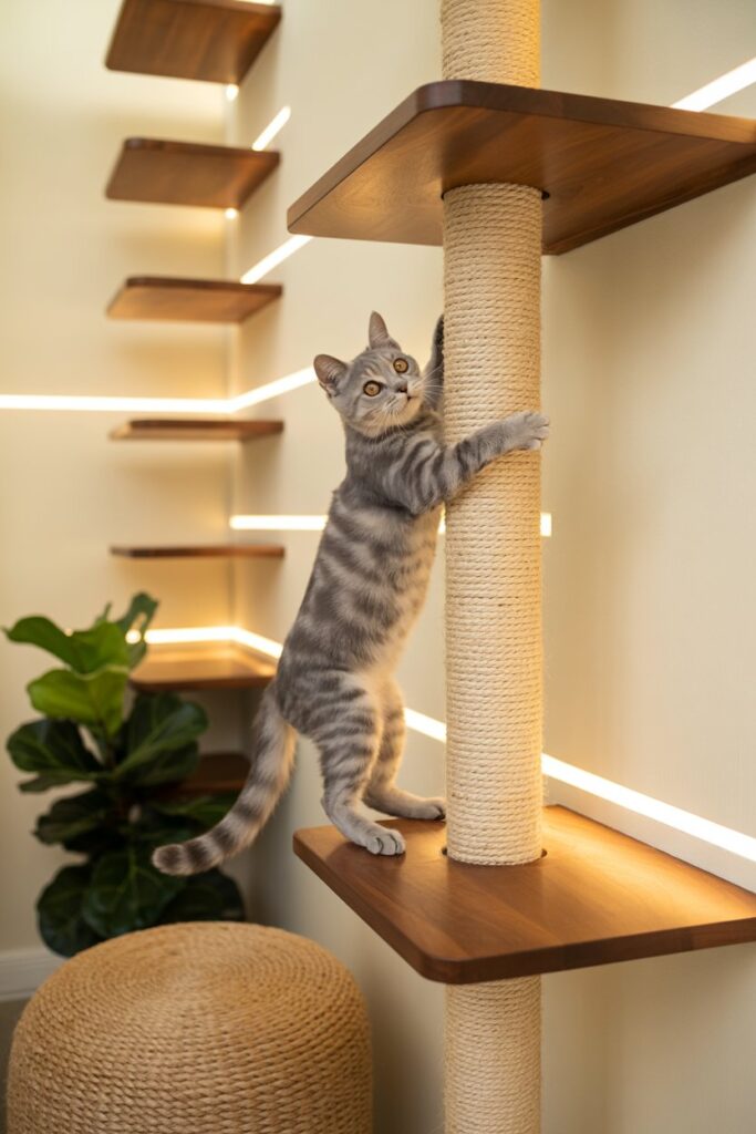 Cat Shelf Ideas ceiling-to-floor climbing ledges with non-slip pads and sisal scratching posts