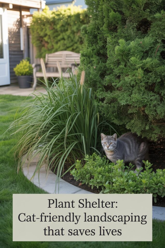 Cat-safe backyard landscaping with dense grasses and boxwoods for feral cats