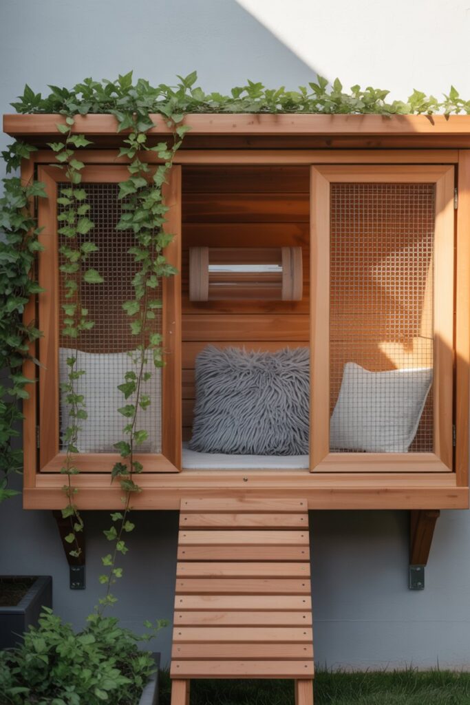 Catio Ideas large indoor–outdoor window cat enclosure with plexiglass tunnel and removable bolster platforms